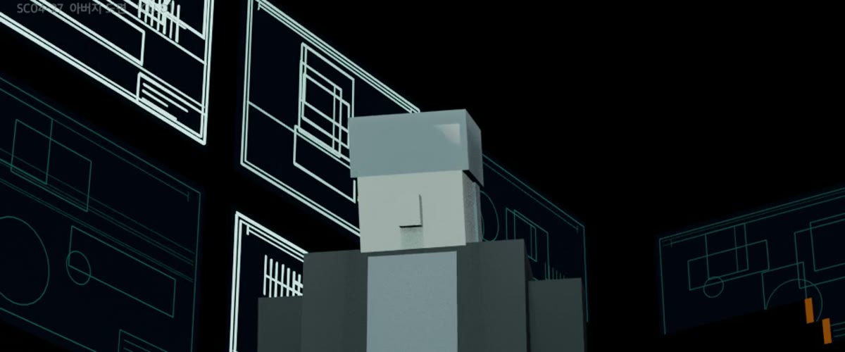 블록으로 단순화한 인물과 선으로 그린 도면이 보이는 3D 프리비즈 화면