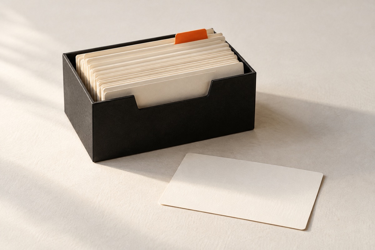 A black card box lined with blank index cards, with an orange divider tab rising among them